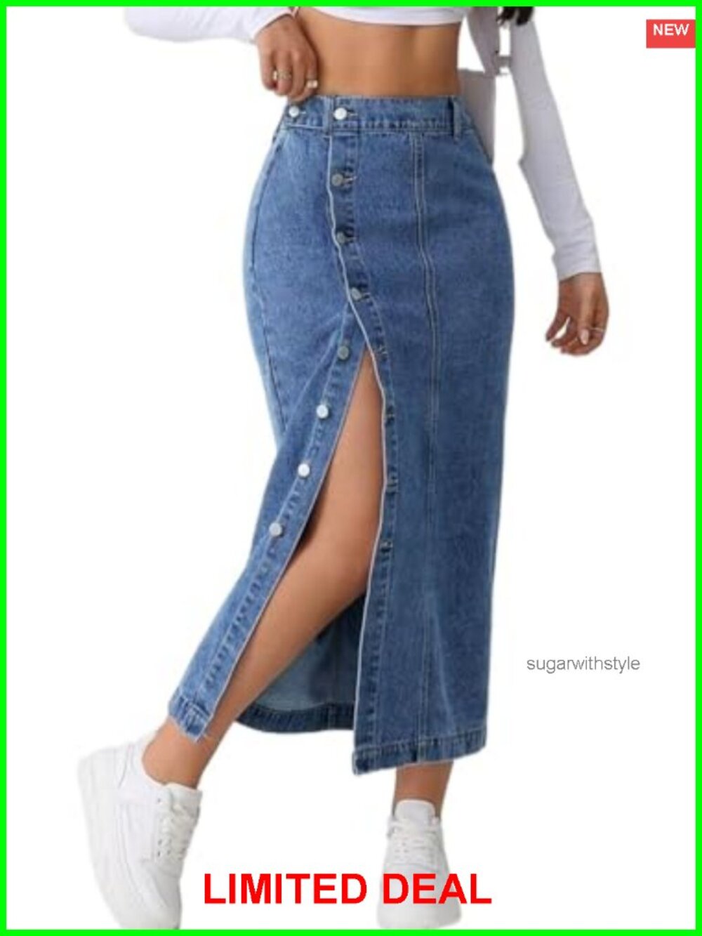 CaniBtr Women's Midi Denim Skirt High Waist Slit Stretch